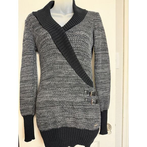 Shawl Collar Knit‎ Tunic Faux Wrap Sweater Size M Guess Y2K Alisia Buckle Dress - Picture 1 of 8